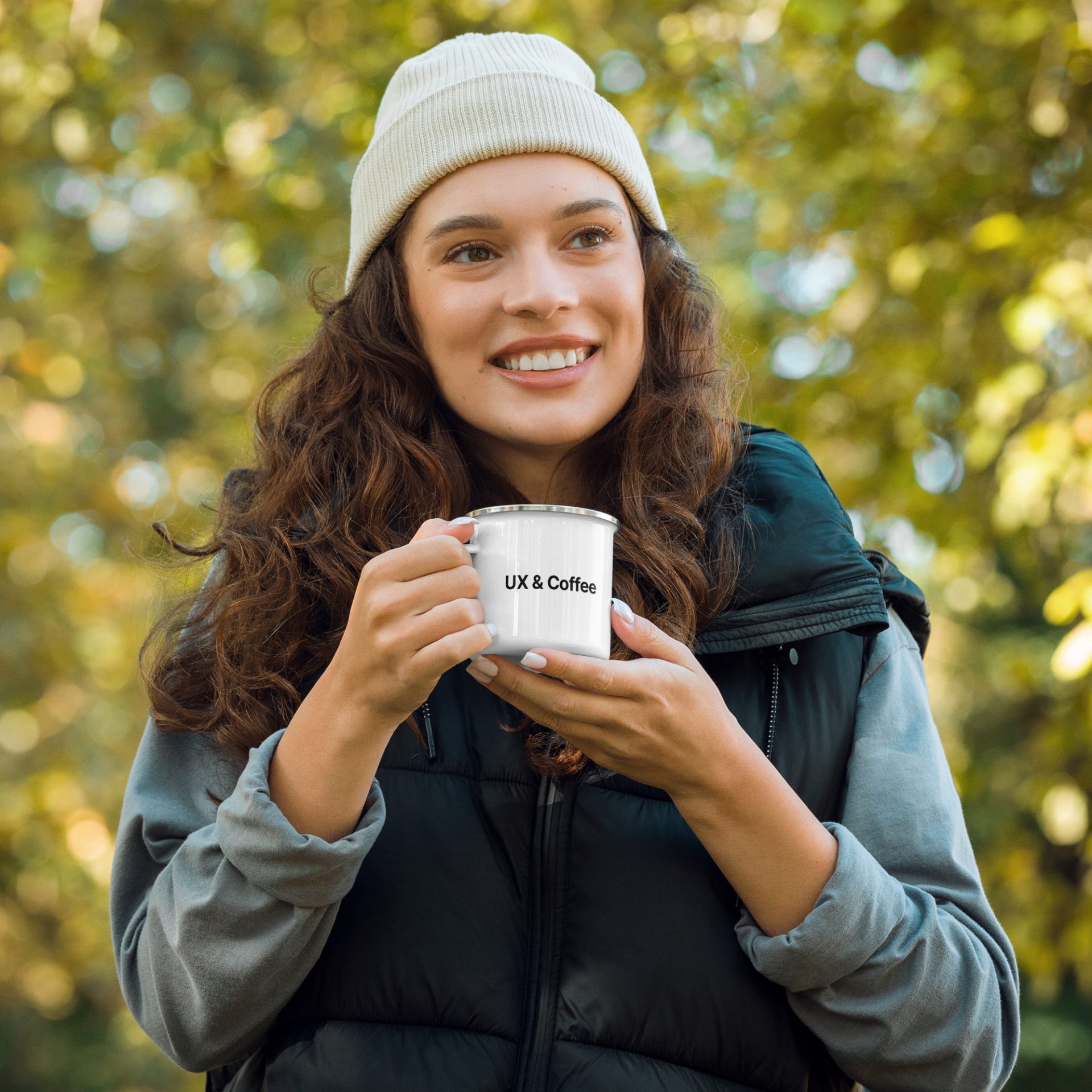enamel-mug-white-12oz-left-63573a350f3a0 camping woman holding white enamel ux and coffee mug