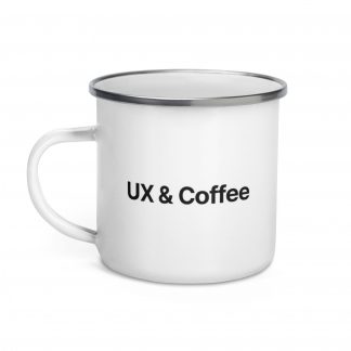 white enamel mug with silver trim, black ux and coffee text
