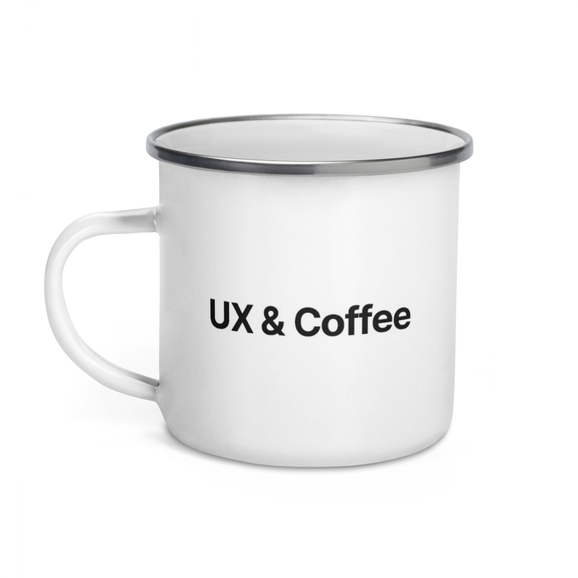enamel-mug-white-12oz-left-63573a350fa6d white enamel mug with silver trim, black ux and coffee text