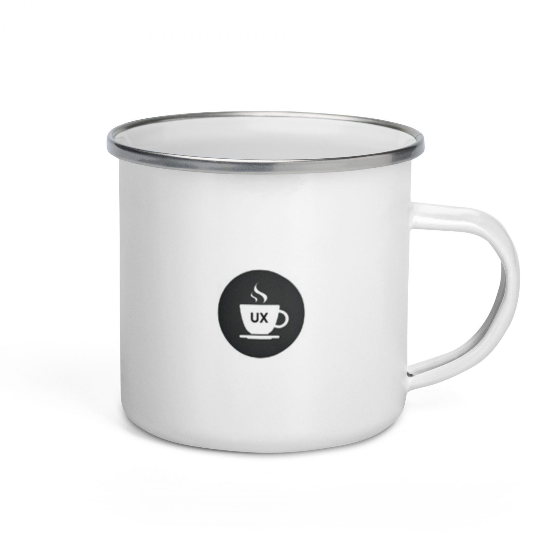 enamel-mug-white-12oz-right-63573a350f936 white enamel mug with ux and coffee mug logo